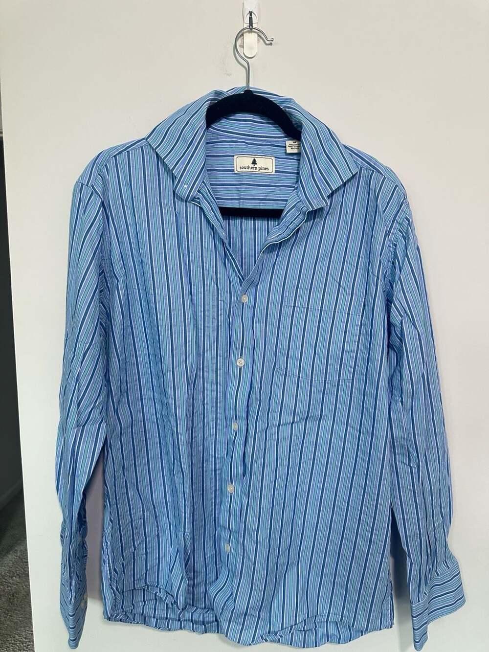 Southern Pines Blue Striped Cotton Long Sleeve Button Up Shirt